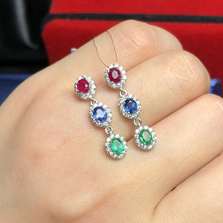 Colored Gems Stone Jewelry 925 Sterling Inlaid Natural Colored Stone Earrings 3*4 Finished Colored Gems Earrings