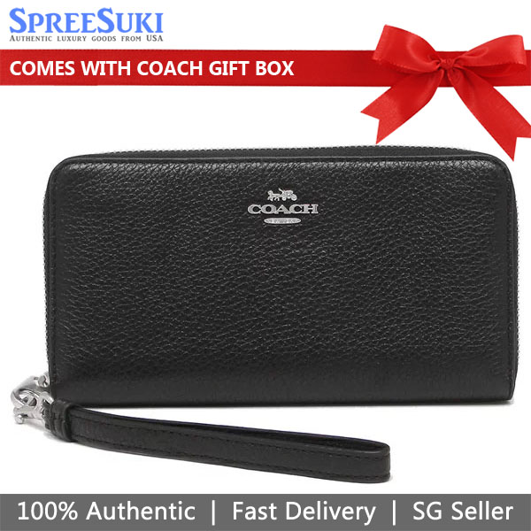 Coach Wallet In Gift Box Long Wallet Pebbled Leather Long Zip Around Wallet Black Silver # C4451