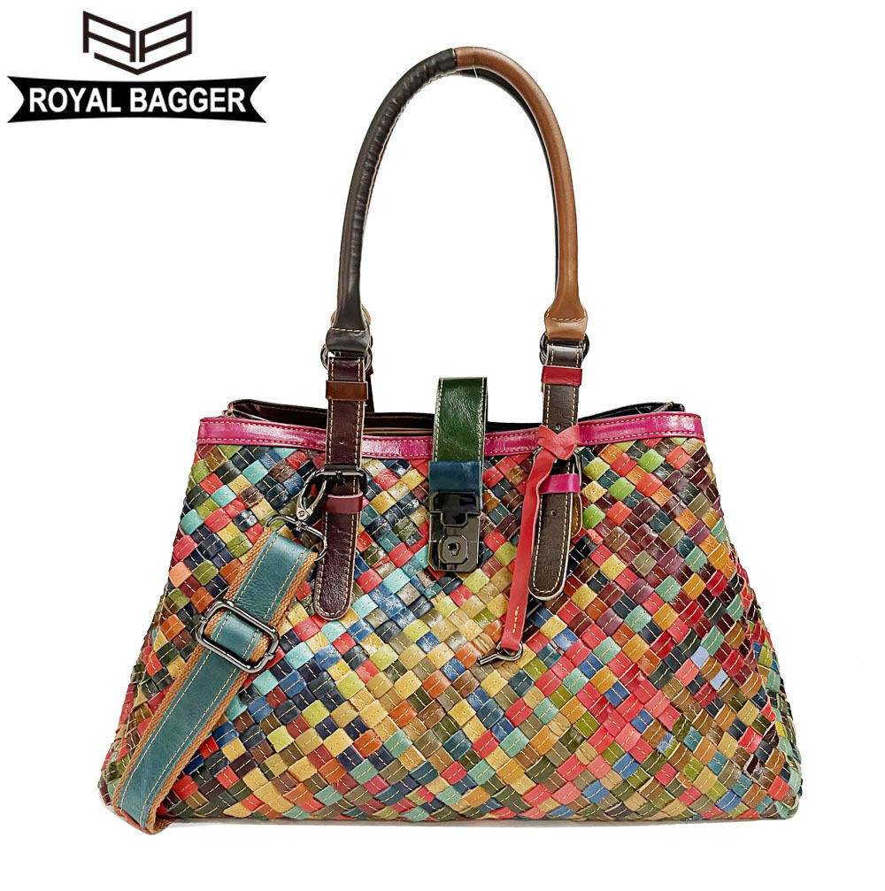 Royal Bagger New Top-Handle Bags for Women Genuine Leather Casual Retro Ladies Tote Bags Large Capacity Weave Girl Shoulder Bags