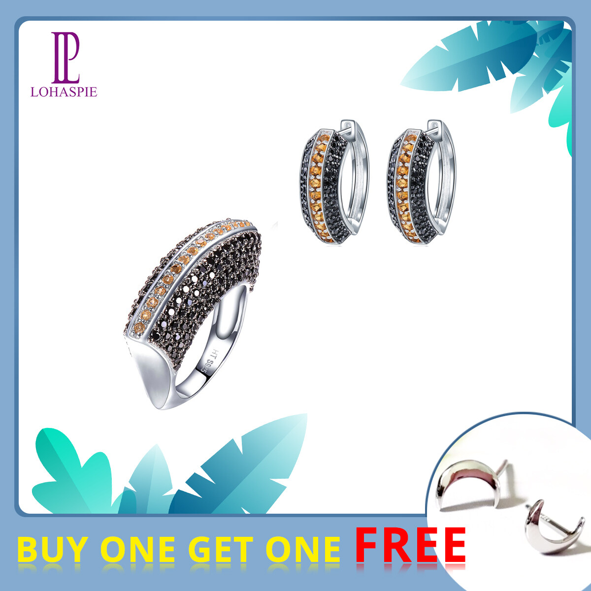 Natural Yellow Citrine Jewelry Sets Real Multi Black Spinel Moon-shaped Ring 925 Silver Original Jewelry Design Fine Jewelry Set for Women Wedding Anniversary Gifts